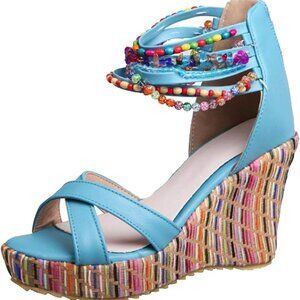 Women's Pearl Wedge Sandals Platform Heels Rubber Sole Zip Closure